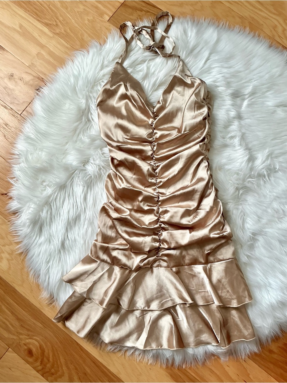 Jessica McClintock Gold Satin Ruched Halter Mini Dress Size 6